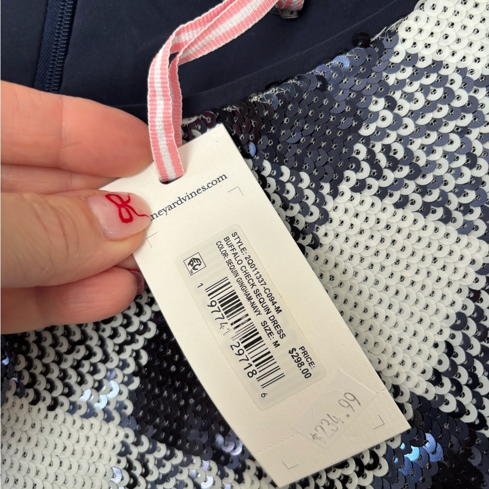 VINEYARD VINES•navy blue/white buffalo check sequin mini dress Medium NWT - Picture 6 of 7